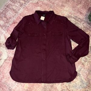 Ethereal Women's Burgundy Collared Long Sleeve Button-Up Top Size Medium